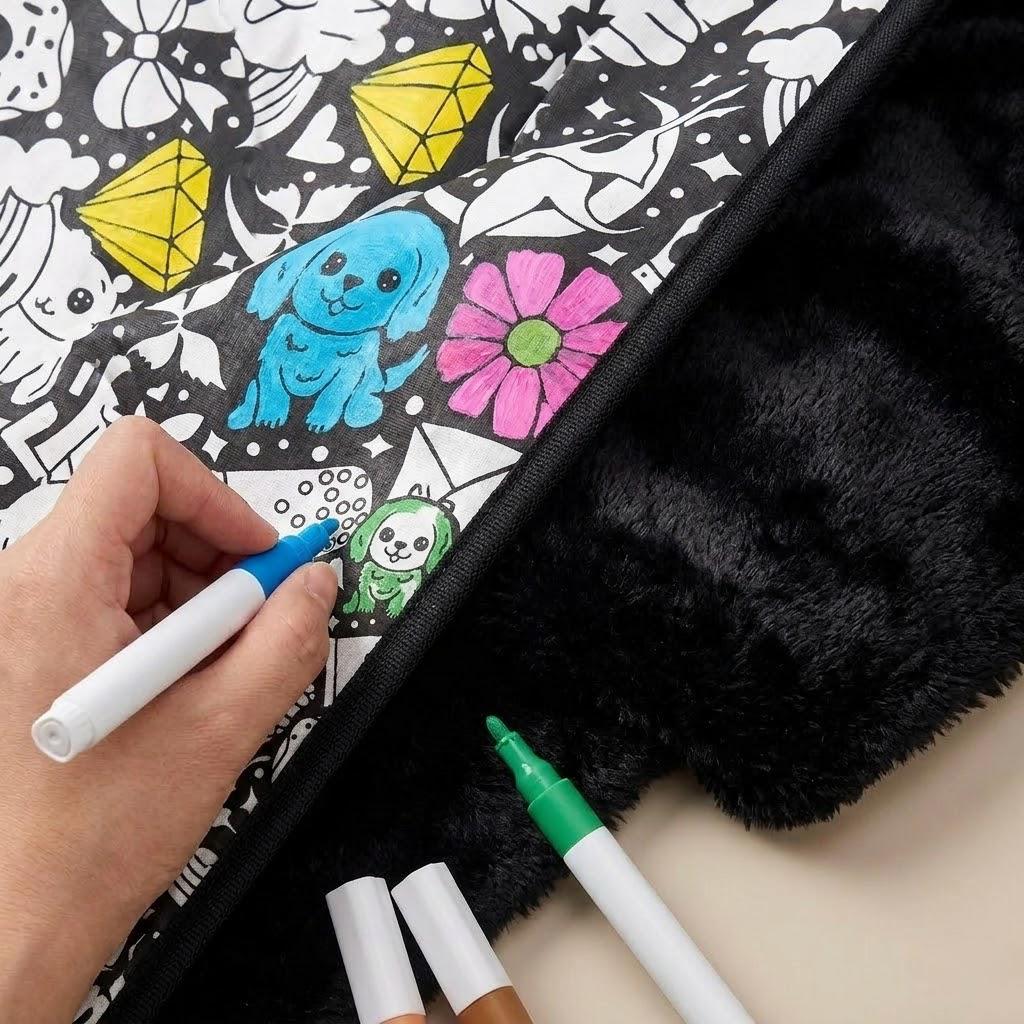 Giant Coloring Blanket Cartoon Art Blanket Soft Plush Reverse Side for Kids Adults Room Decor Ornament