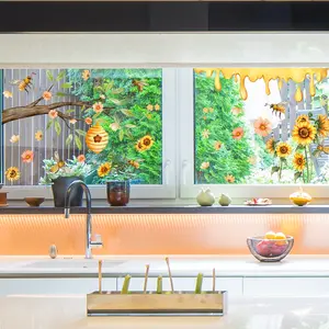 A set of two (20*30cm*2pcs) bee, branch, sunflower, flower and honey window stickers, double-sided visible, for decorating windows, shop windows and glass doors (CT7030)