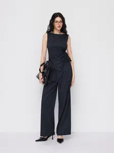 Cider Boat Neck Striped Wrap Knotted Top & Mid Rise Straight Leg Women's Trousers Set