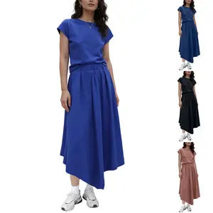 SCUSTY Women‘s Minimalist Cap Sleeve T-shirt + Asymmetrical Hem Midi Skirt Two-Piece Set, Solid Color Elastic Waist Casual Skirt Outfit