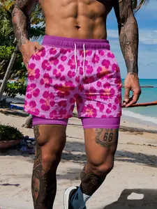 Leopard Print Inner Lining Two-In-One Shorts, Boys' Beachwear, Quick-Dry, Breathable, Elastic Waist, Sand and Swimwear