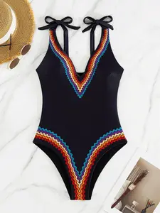 Women's Chevron Print Contrast Binding Tie Shoulder One-piece Swimsuit, Casual Deep V Neck Sleeveless Swimwear for Beach Holiday Vacation, Ladies Swimsuit for All Seasons