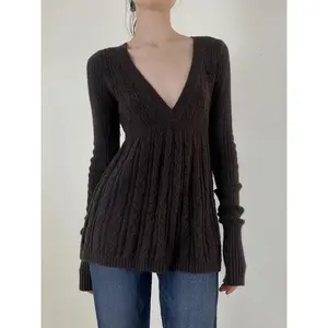 Vintage Fashion V Neck Waist Cinched Solid Color Knit Sweater, Long Sleeve a Line Doll Shape, Fall & Winter Casual Pullover Knitwear