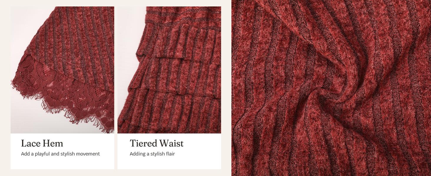 Wenrine Women's Pullover Crew Neck Long Sleeve Knitted Ribbed A-Line Midi Dress - Elastane Viscose Blend, Lace Hem, Bodycon-Friendly Casual Wear for Fall Winter Holiday Gathering, Do Not Dry Clean