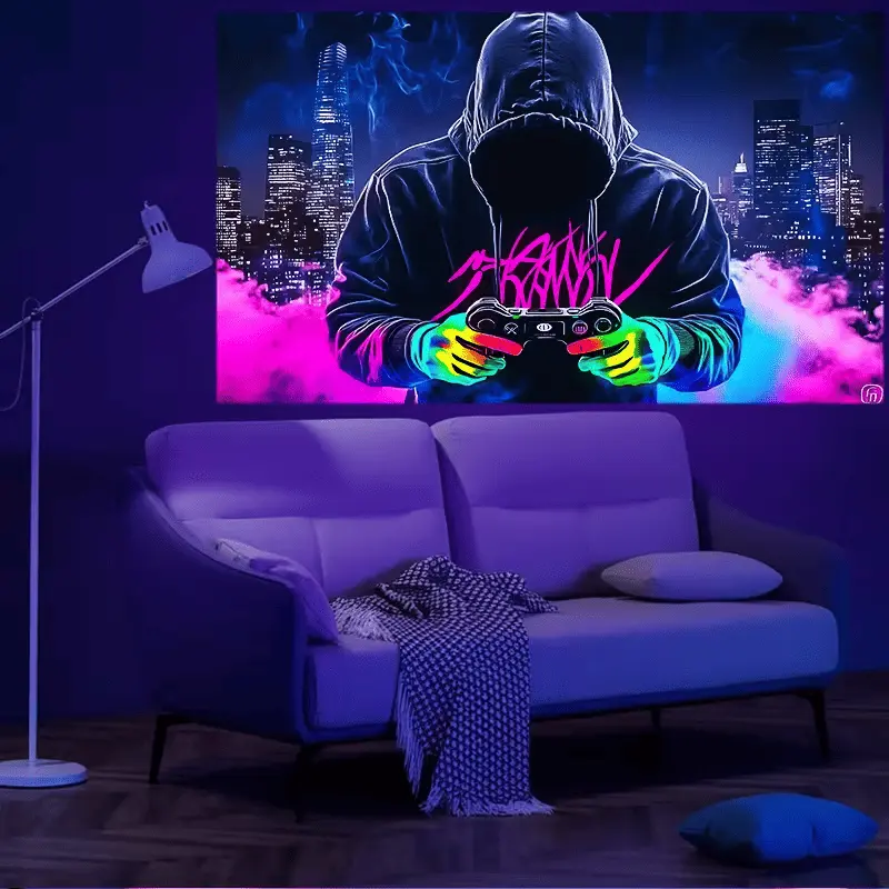 2D Flat Fluorescent Glow Tapestry, Mysterious Man & Game Controller Print, Peach Skin Velvet Non-Polyester Fabric, Portrait-Orientation Bedroom Home Decor Wall Hanging (Polyester Option)