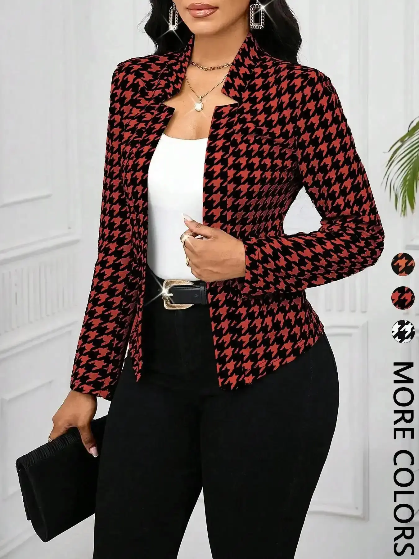 Chic Women's Fall & Winter Houndstooth Plaid Print Jacket Coats, Casual Fitted Sporty Open Front Design Chic Elegant Style Outerwear, Medium-Weight Fabric, Ladies Fashion Apparel, Versatile, Trendy, New In