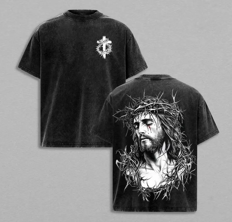 Vintage Washed Christian Graphic Front T-Shirt for Men, Oversized Distressed Short-Sleeve Father's Day Gift, Fitted, Figurative Print, Oversized Christian Slogan Men's Short-Sleeve T-Shirts, Religious Graphic Men's Short-Sleeve T-Shirts