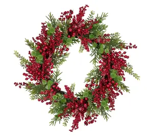 Northlight Frosted Red Berry and Pine Christmas Wreath 28"