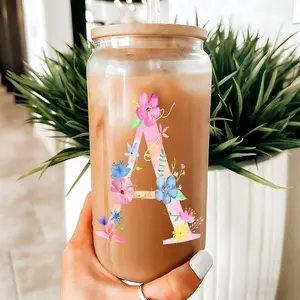 16oz Floral Letter A Initial Glass Tumbler with Bamboo Lid Straw, Watercolor Monogram Iced Coffee Cup, Personalized Flower Alphabet Mug, Cute Gift for Wom, High-Quality Drinking Tumbler for Iced Coffee, Beer & Soda,Perfect gift for coffee lover,mom,family