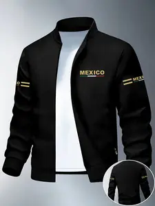 Men's Lightweight Long Sleeve Jacket, Mexico Print Letter Design, Casual Outerwear for Daily Wear and Outdoor Activities, Ideal Fashion Choice