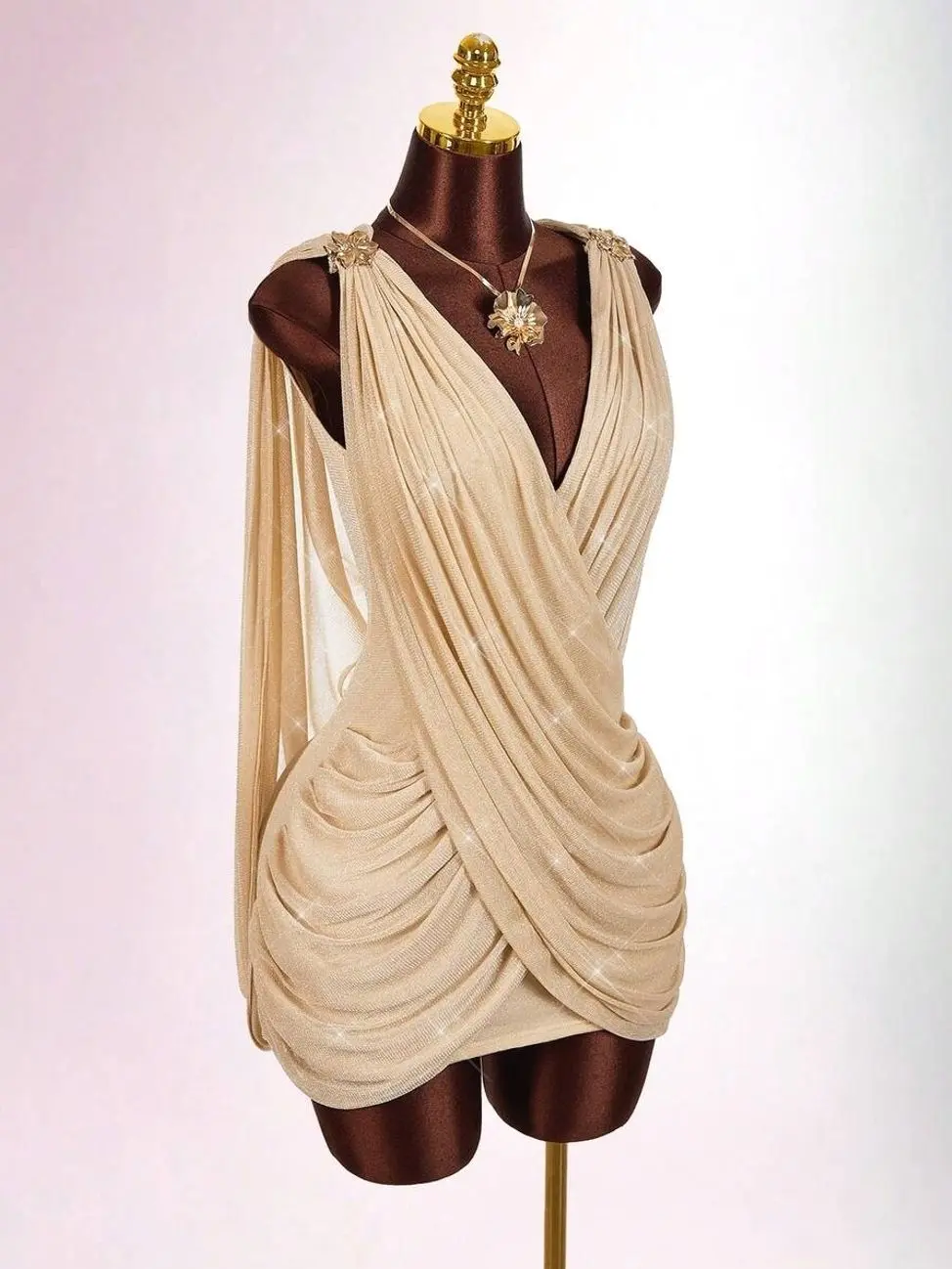 Women's Metallic Crisscross Low-Cut Mini Dress, Champagne Gold, Draped 70s Disco Party Dress