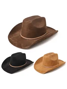 Vintage Western Cowboy Hat, Faux Suede Wide Brim Cap, Braided Rhinestone Strap, Outdoor Sun Protection, Unisex Western Style Hat, Casual Trendy Hat