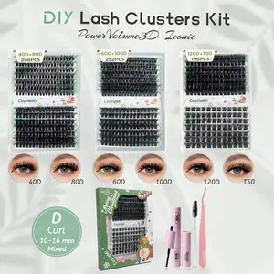 CoolleMi Iconic 196-266PCS DIY Lash Clusters Kit | PowerVolume Eyelashes Extensions | Nature Look Makeup | Waterproof Bond & Seal with Remover Tweezers &  Brush   | Complete Eyelash Cosmetic Set