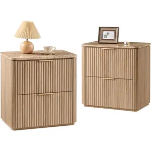 Fluted Nightstand Set of 2, 23" W Night Stand with 2 Drawers, Wood Bed Side Table with Faux Marble-Top, Curved Corner, Metal Handle, Modern Bedside Table for Bedroom, Living Room, Office, Natural Oak