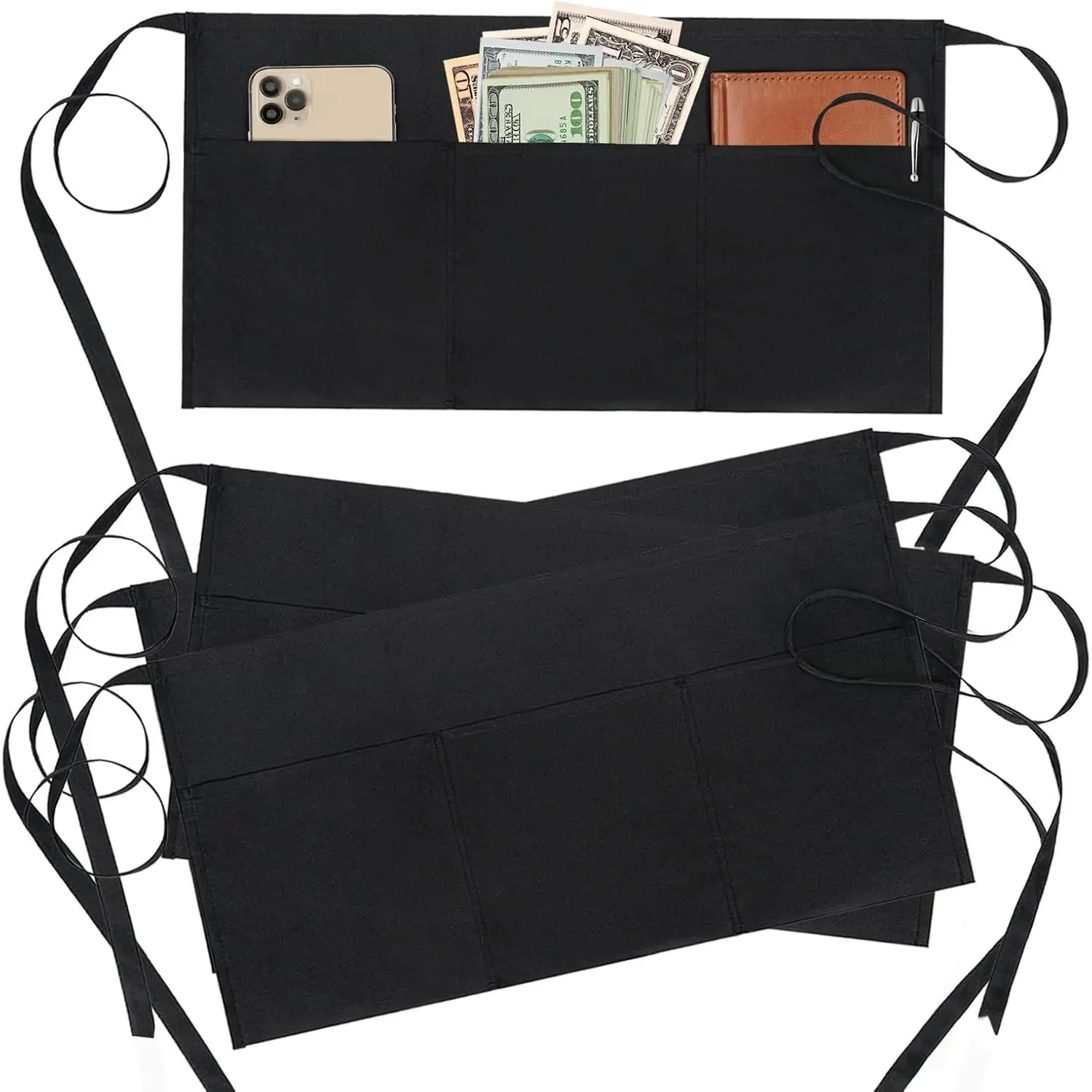 4 Pack Waitress Apron With 3 Pockets-Black Server Aprons-Waiter Short Half  Servers Apron