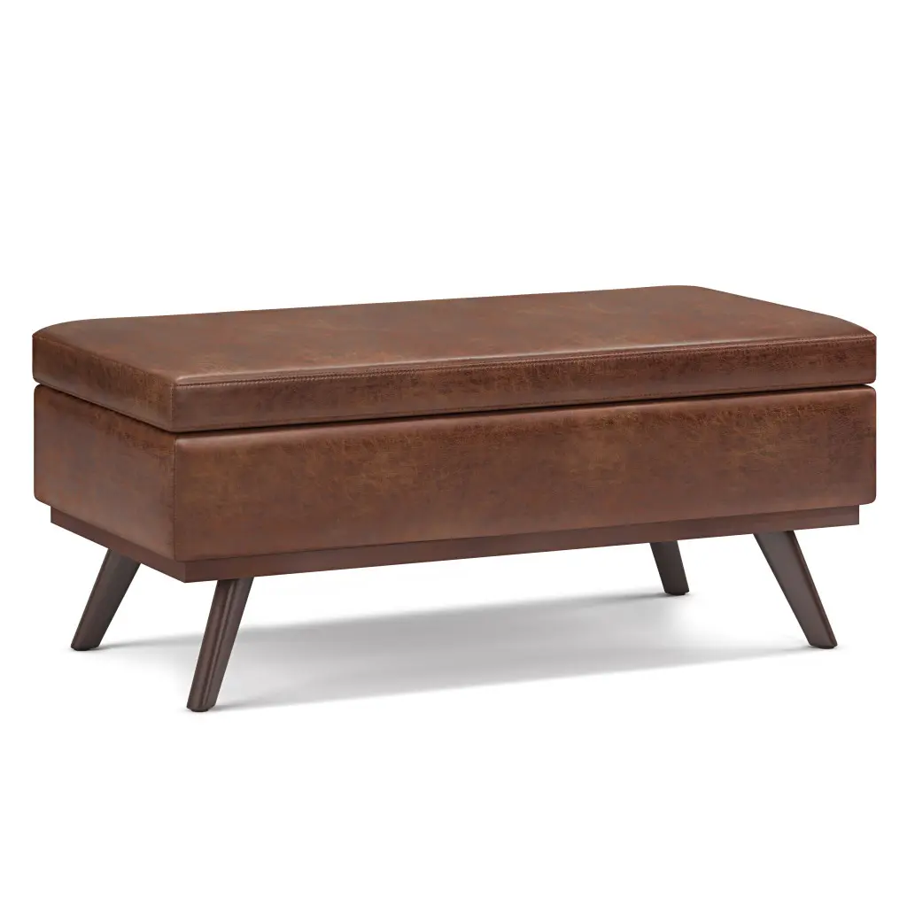 HomeRoots 641679 Mid-Century Rectangular Large Size Brown Leather Storage Organization Cocktail Ottoman, 18.90x42.10x24.40 in.