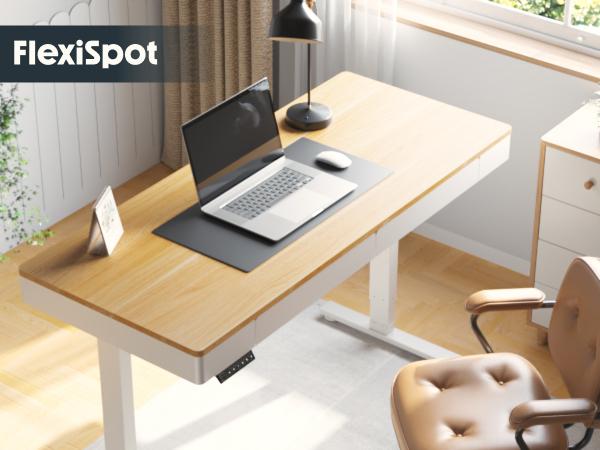 【TikTokShopBlackFriday】FLEXISPOT Standing Desk with Drawer Electric Adjustable Height Stand Up Desk with Storage Organizer, Whole Piece Wooden Desktop for Home, Office