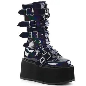 Demonia Damned-225 Black Hologram Vegan Leather Knee-high Boots