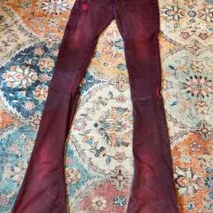 1 of 1 Burgundy Super Long Stacked Jeans – Size 34 | Reworked & Stitched