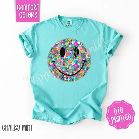 Floral Smiley Comfort Colors Shirt, Cute Summer Tshirt, Trendy Flower Tee, Gift for Her