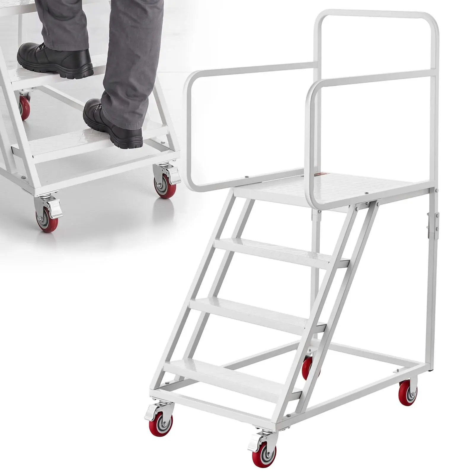 VEVOR 4-Step Industrial Alloy Steel Rolling Ladder, Mobile Platform Stair with Handrails, Non-Slip Treads, Locking Wheels, 880LBS Heavy-Duty Capacity for Garage, Factory