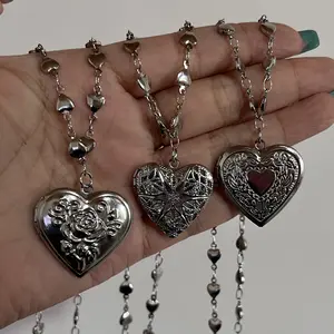 US-FASHION - Romantic Heart Locket Pendant Openable Female Silver Color Stainless Steel Photo Frame Charm Necklace for Women Men Jewelry Gift