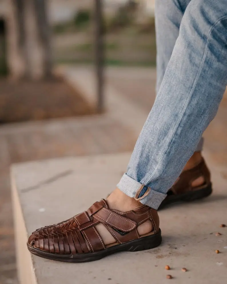 Men’s Leather Mexican Sandals – Handmade Huarache, Adjustable Strap, Anti-Slip Sole, Comfortable Summer Flats