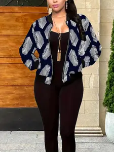 Women's All Over Feather Print Zip Up Jacket, Casual Long Sleeve Outerwear for Fall & Winter, Ladies Clothes for Daily Wear