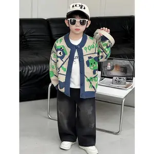 Children's Spring/Fall New Arrival Pullover Sweater with Pet Pattern And Unique Buttons, Fashionable And Versatile, Choose Size By Height, Perfect for Outdoor Casual Hiking And Outings