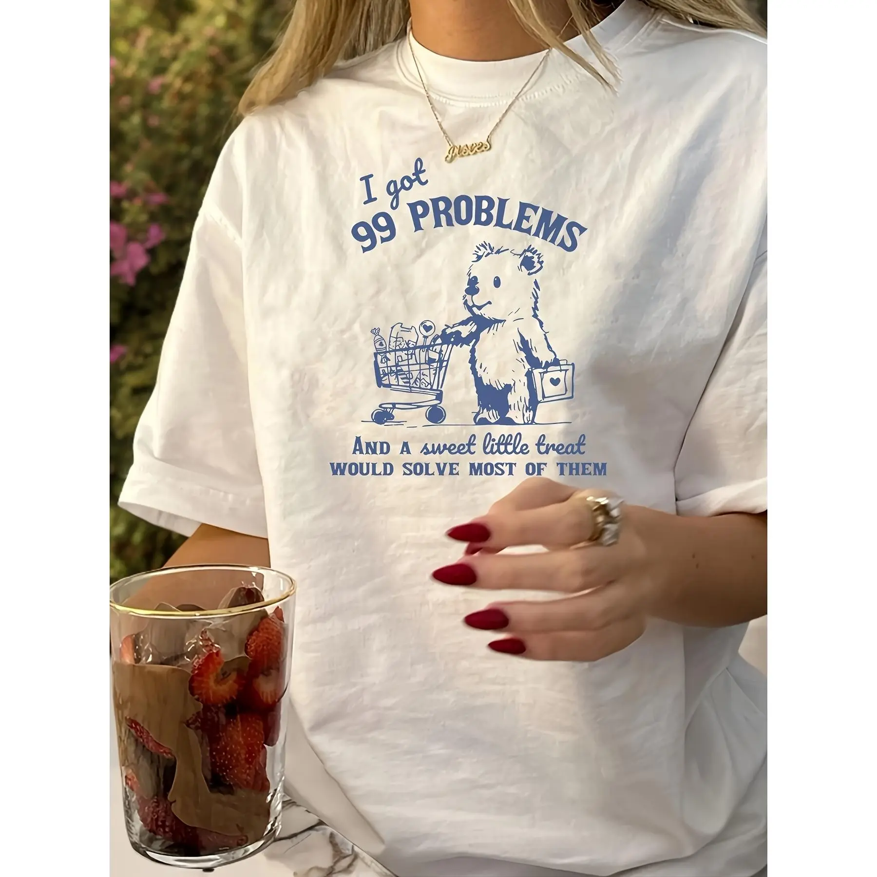 Cute Shopping Bear Funny Slogan Print Summer Women Oversize Tshirt Casual Crew Neck Soft Comfortable Aesthetic Streetwear Daily Wear Graphic Tee