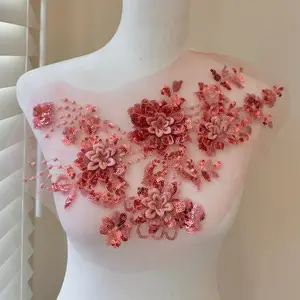 Pink Applique Embroidered 3D Flowers and Beaded With Sequins For Dance Costume, Ballet, Couture Gowns, Garments, Kids Dress Decore
