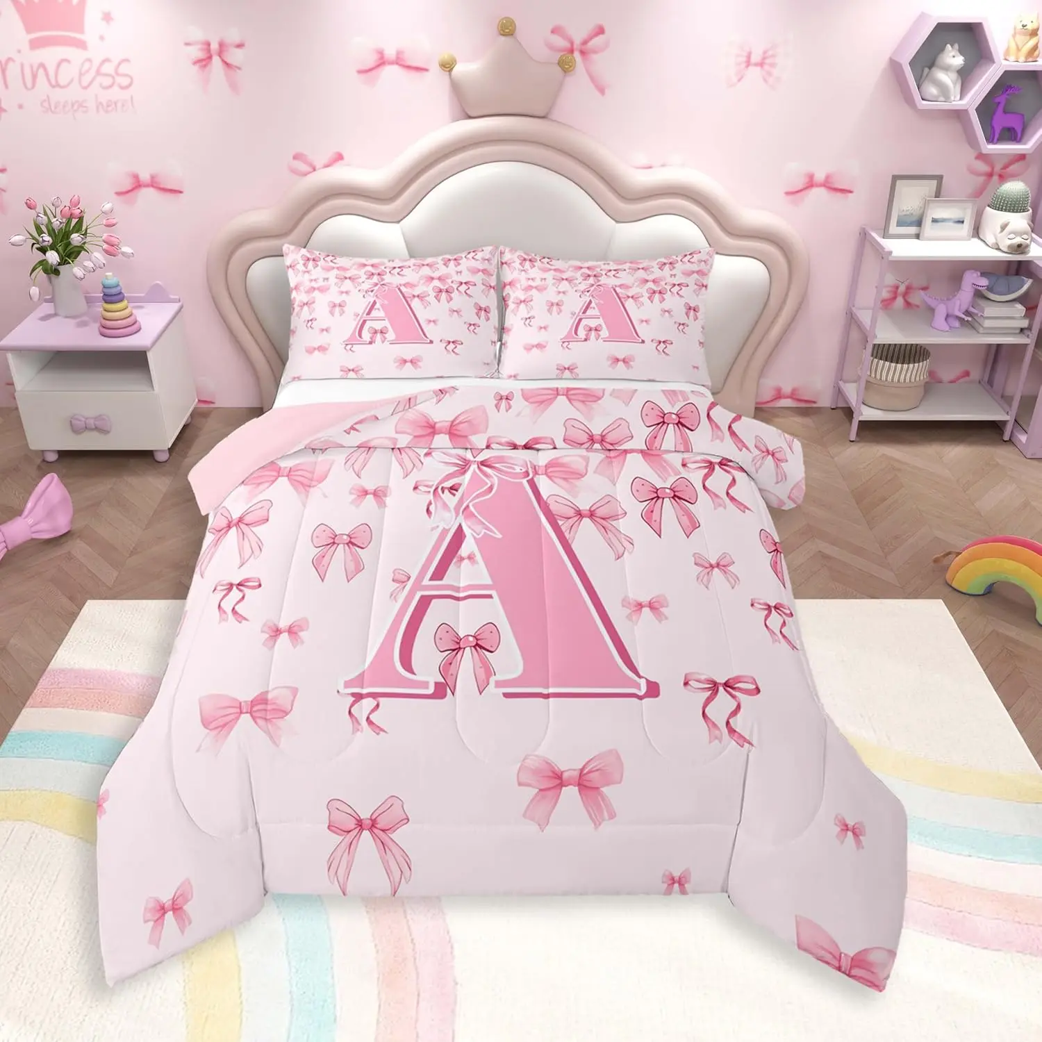 Girls Pink Bow Comforter Set Cute Bowknot Bedding Set Letter A Duvet Quilt Monogrammed Bedroom Decor Coquette Bows Microfiber 1