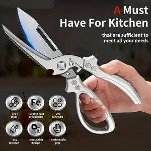 1pc Heavy-Duty Stainless Steel Automatic Kitchen Shears with Ergonomic Non-Slip Grip & Locking Mechanism - Professional Chef Scissors for Meat, Vegetables, Fish, Poultry, Food-Safe Cooking Tools, Kitchen Essentials | Modern Kitchenware | Durable Con