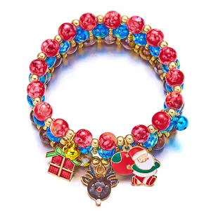 Christmas Bracelet with Beads,Pendant Santa Claus Snowman Xmas Bell Charm,Christmas Tree Themed Gift for Mom,Daughter,Son,Girl Friend,Family,Festive Holiday Jewelry for Women Kids