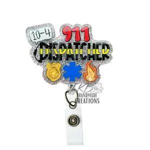 911 Dispatcher Badge Reel - Glitter Retractable ID Badge Holder | Emergency Dispatcher Gift | Police Fire EMS Badge Clip | 10-4 First Responder Badge Reel | Public Safety Appreciation Gift