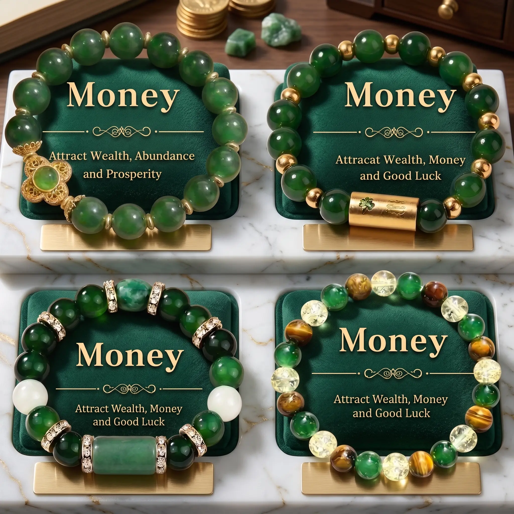 4Pcs Green Gemstone Bracelet Set, Jade & Tiger Eye Beaded Bracelets for Women, Wealth Luck Prosperity Charm Jewelry