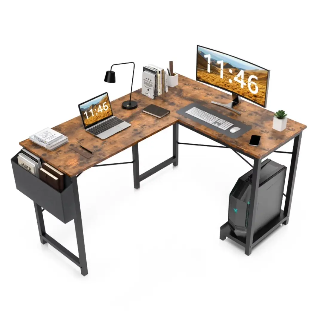49in Reversible L Shaped Computer Desk with Storage, Coner Desk with Wooden Desktop, CPU Stand and Side Bag for Home Office & Gaming, Rust Brown