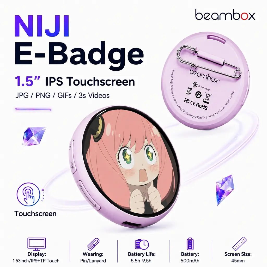 Beambox Digital Badge-Niji LED Display  Pin - Custom DIY Video Badge, Anime Bag Charm, Personalized Gift for Creators & Tech Lovers, Collectible Pins, Bag Charm Anime, Brooch