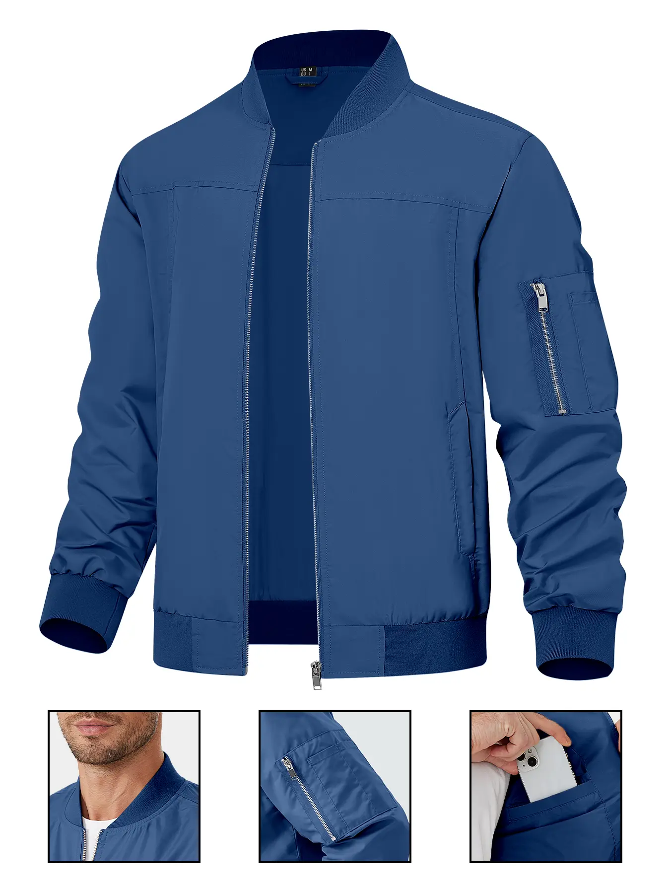 Men's Classic Solid Color Bomber Jacket, Windproof Waterproof Flight Jacket with Elastic Cuffs & Multi Pockets, Casual Daily Sports Outerwear for Golf