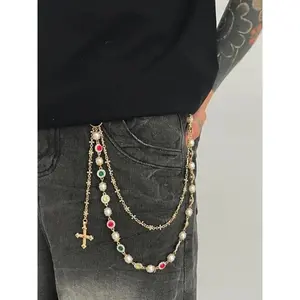 Men's Street Style Waist Chain - Cross Pearl Jeans Chain Accessory, Hip Hop Fashion