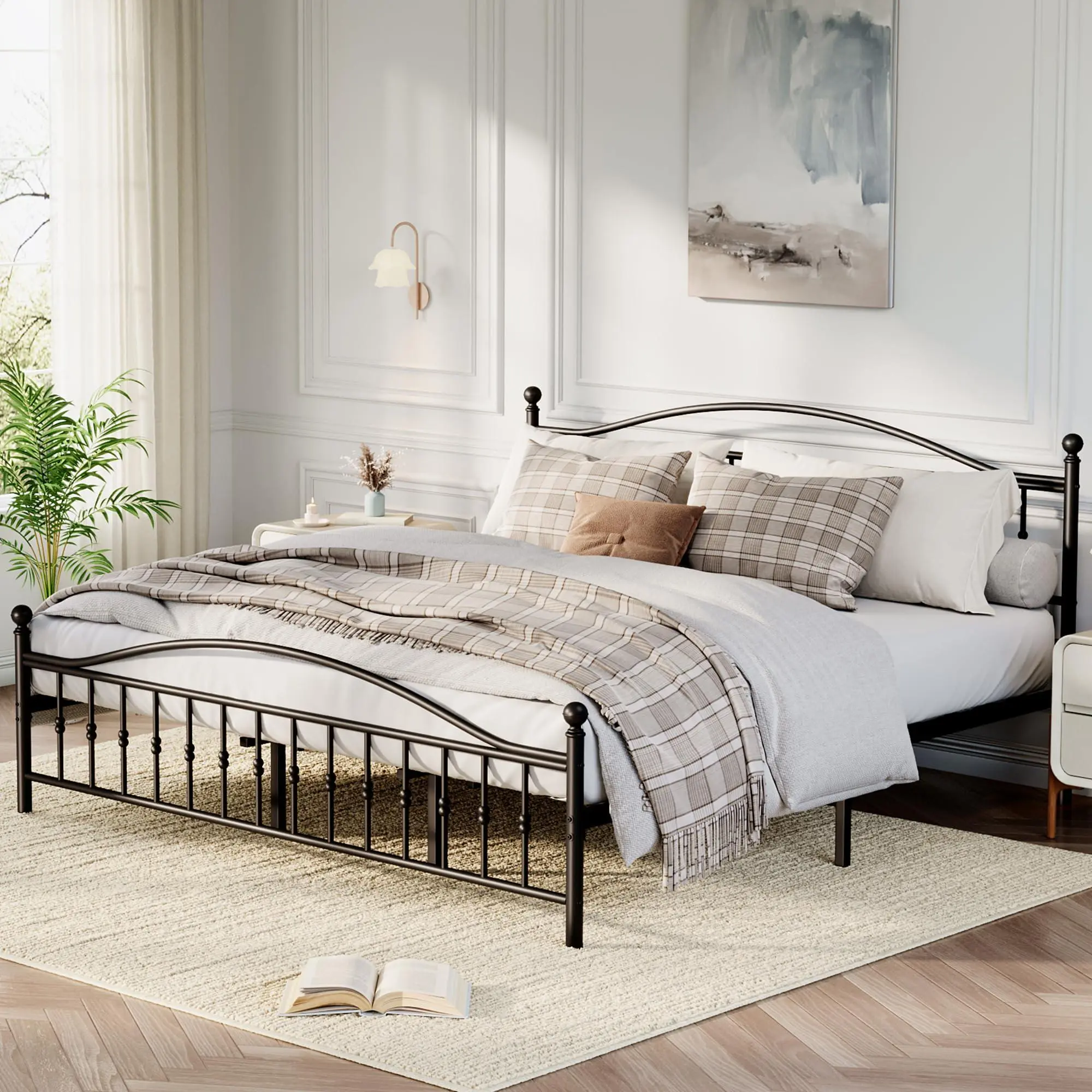 King Size Metal Bed Frame with Vintage Circular Headboard and Footboard, Heavy-Duty Iron Platform Bed, No Box Spring Needed, Noise-Free and Easy Assembly, Black