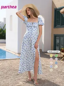 Women's Frenchy Style Ditsy Floral Print Puff Sleeve Tie Front Split Thigh A Line Dress, Milkmaid Dress, Dress for Summer, Short Sleeve Square Neck Long Dress for Beach Vacation Holiday, Summer Outfits, Ladies Summer Clothes