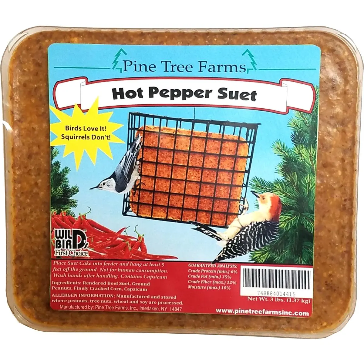 Pine Tree Farms Hot Pepper Suet Cake - 3 lbs Bird Supplies for Wild Bird Feeding