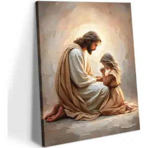 Jesus Praying With Little Girl Canvas Wall Art, Heartwarming Christian Easter Gift For Daughter Mom, Nursery Girl Bedroom Decor, Religious Art