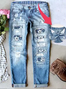 Ripped Boyfriend Jeans for Women Distressed Skinny Denim Button with Holes Floral Plaid Patchwork Design Stretch Waistband Comfort Pants