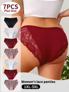 7pcs Plus Size French Lace Triangle Briefs, Multi-Color Options, High Elasticity, No Roll Edge, Sizes 1xl-5xl, Perfect for Work and Dates, Panties