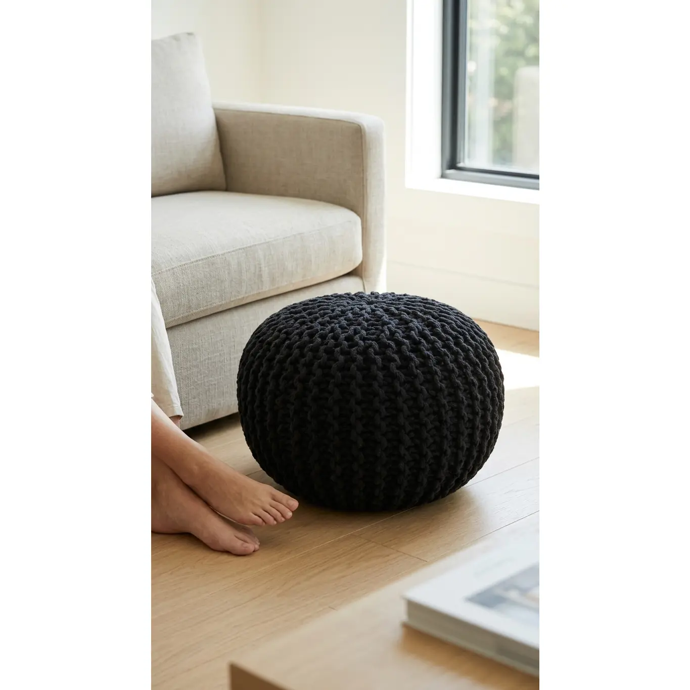 Miya Round Hand-Woven Upholstered Pouf Ottoman, Black