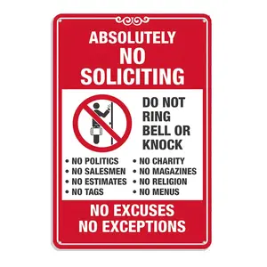 No Soliciting Sign 12x8 Inch Aluminum Metal Perfect for Protecting Your Home or Business Exterior Wall Decorative Plaque Easy to Hang