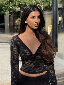 Women's V Neck Lace Top, Sexy Slim Fit Design, All Season Wearable, Perfect for Casual & Stylish, Ca Prop 65 Compliant