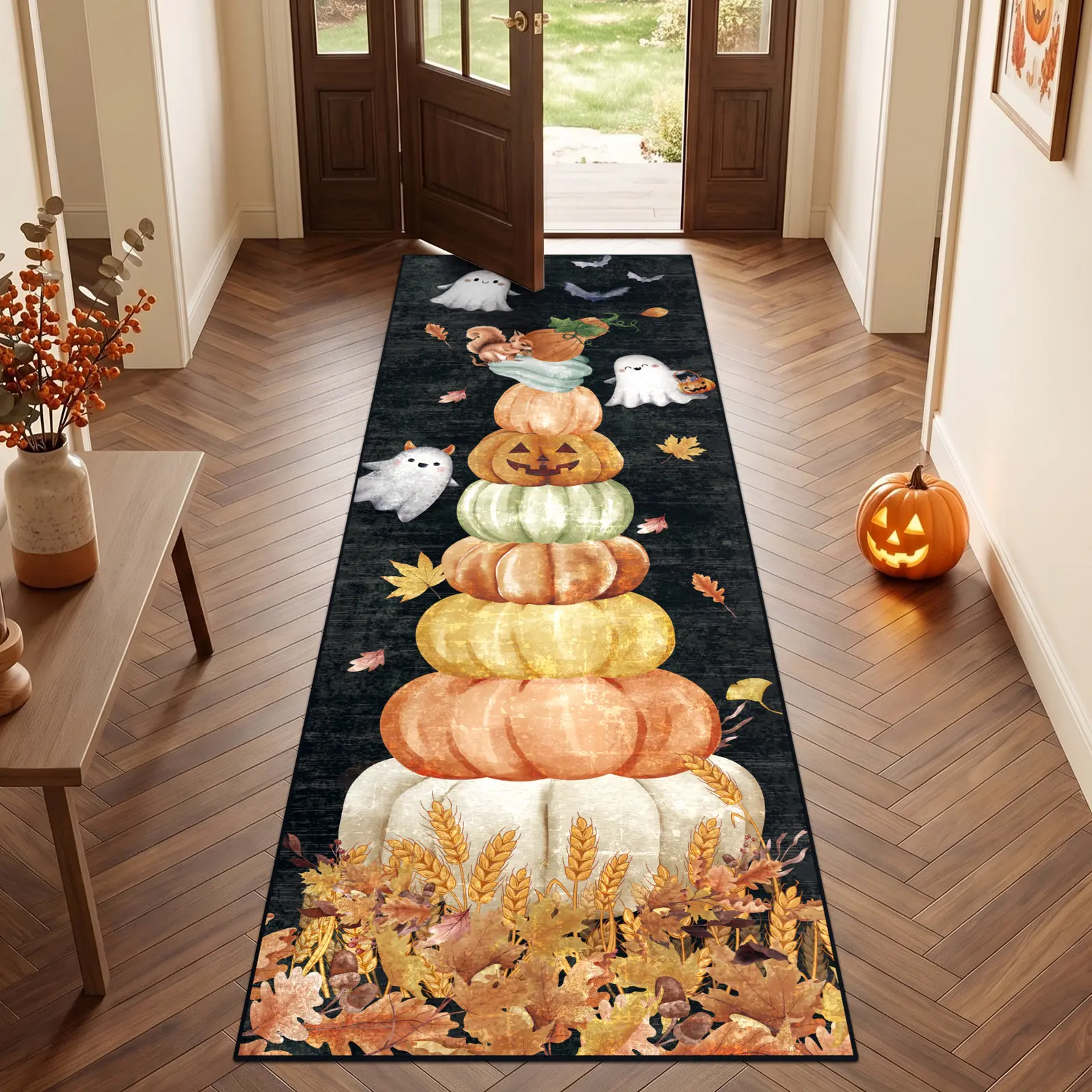 GEANUP Halloween Non-Slip Washable Low-Pile Rugs - Hallway Runner, Kitchen Mat, Bedroom Floor Carpet for Holiday Decor, Non-Slip Base, Retro Pumpkin Pattern
